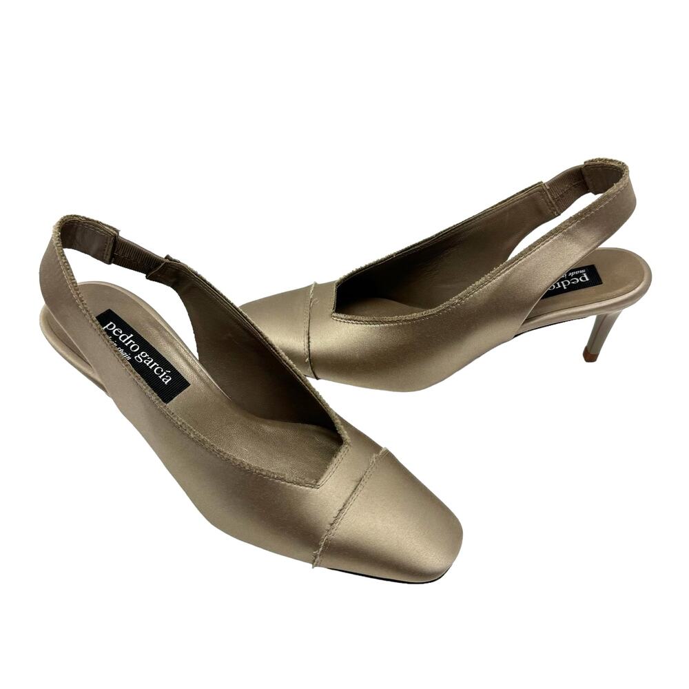 Pedro Garcia NEW Isauri Taupe Lentil Satin Slingback Square Toe Kitten Heel Pump